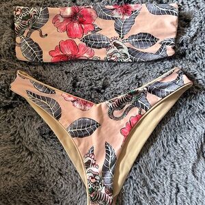 Zaful Multicolor Tropical Bandeau Bikini Set - Pink & Green